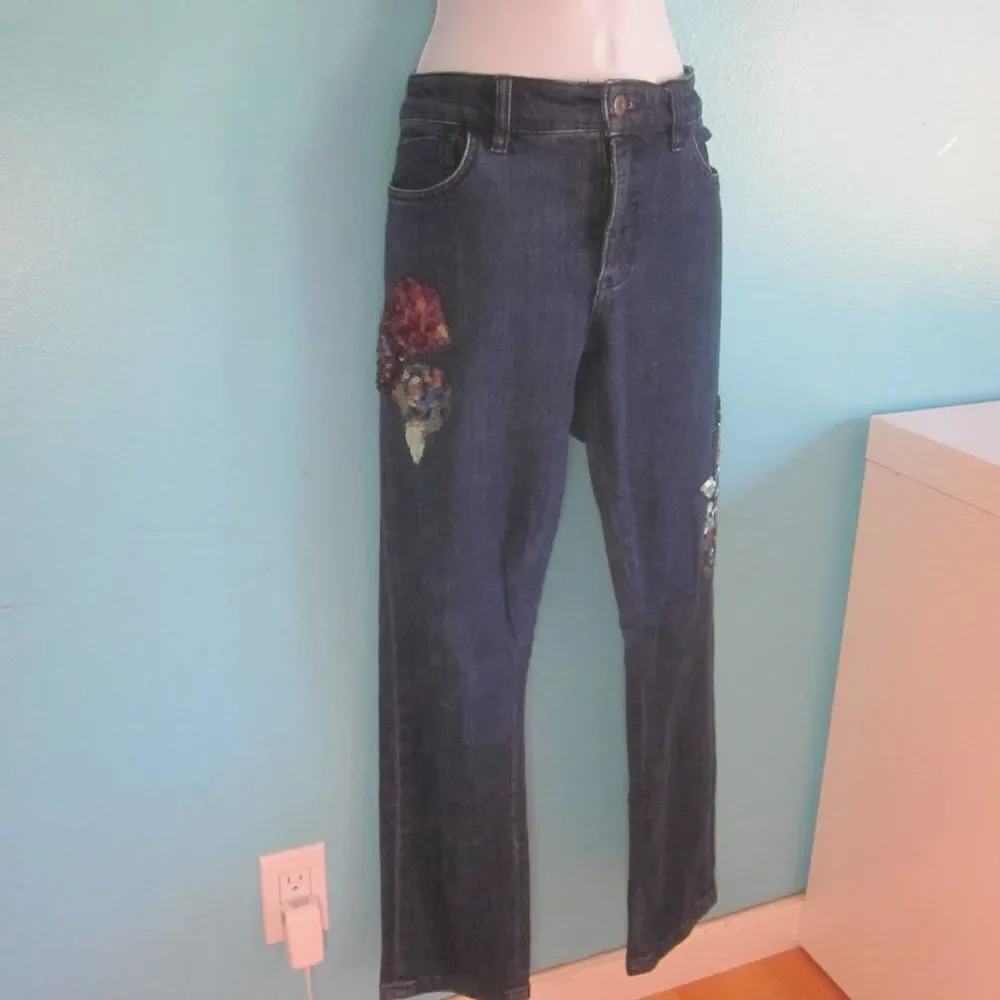 Anthropologie Pilcro Floral Sequin BOHO Slim Boyfriend Jeans Blue Denim Size 28
